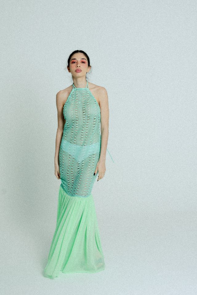 Open back cotton crochet maxi dress in mint green with light green chiffon hem, showcasing a stylish and elegant design.