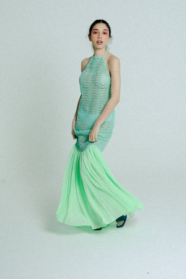Open back cotton crochet maxi dress in mint green with light green chiffon hem, showcasing a stylish and elegant design.