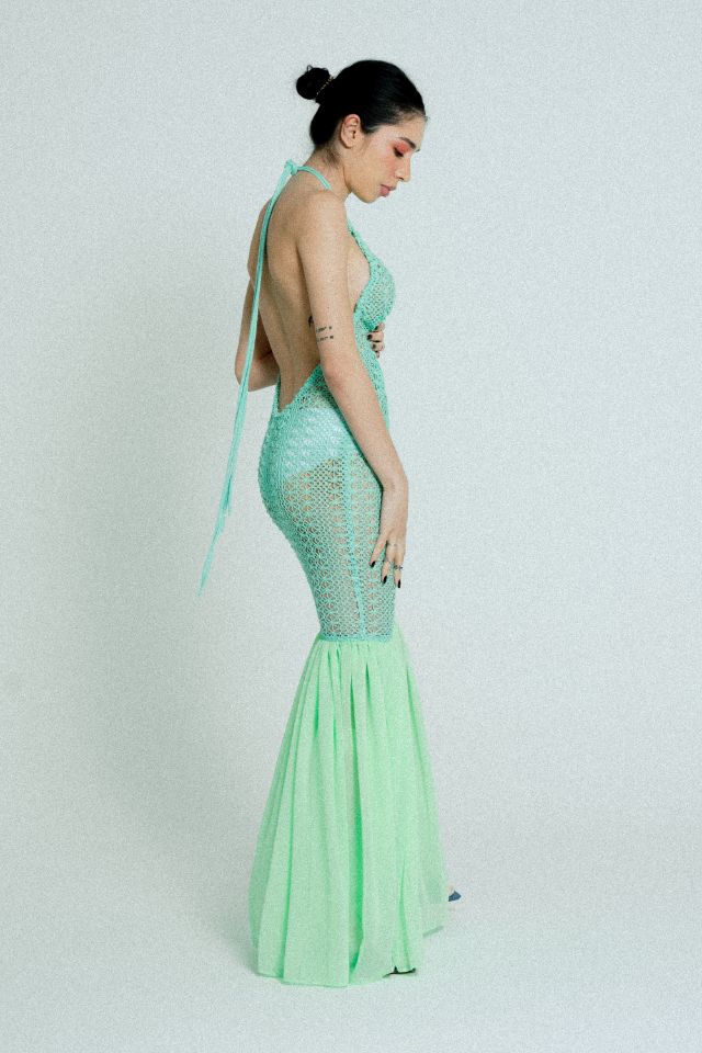 Open back cotton crochet maxi dress in mint green with light green chiffon hem, showcasing a stylish and elegant design.