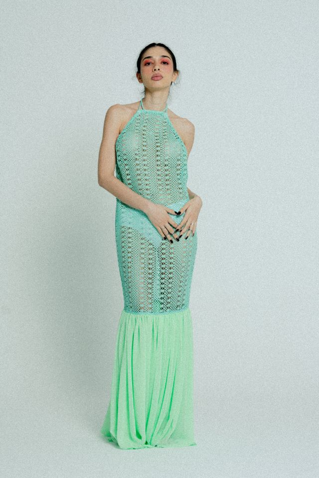 Open back cotton crochet maxi dress in mint green with light green chiffon hem, showcasing a stylish and elegant design.