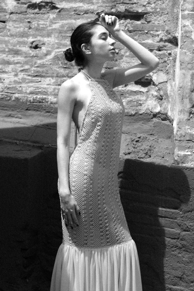 Open back cotton crochet maxi dress in mint green with light green chiffon hem, showcasing a stylish and elegant design.