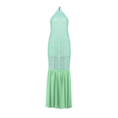 Open back cotton crochet maxi dress in mint green with light green chiffon hem, showcasing a stylish and elegant design.