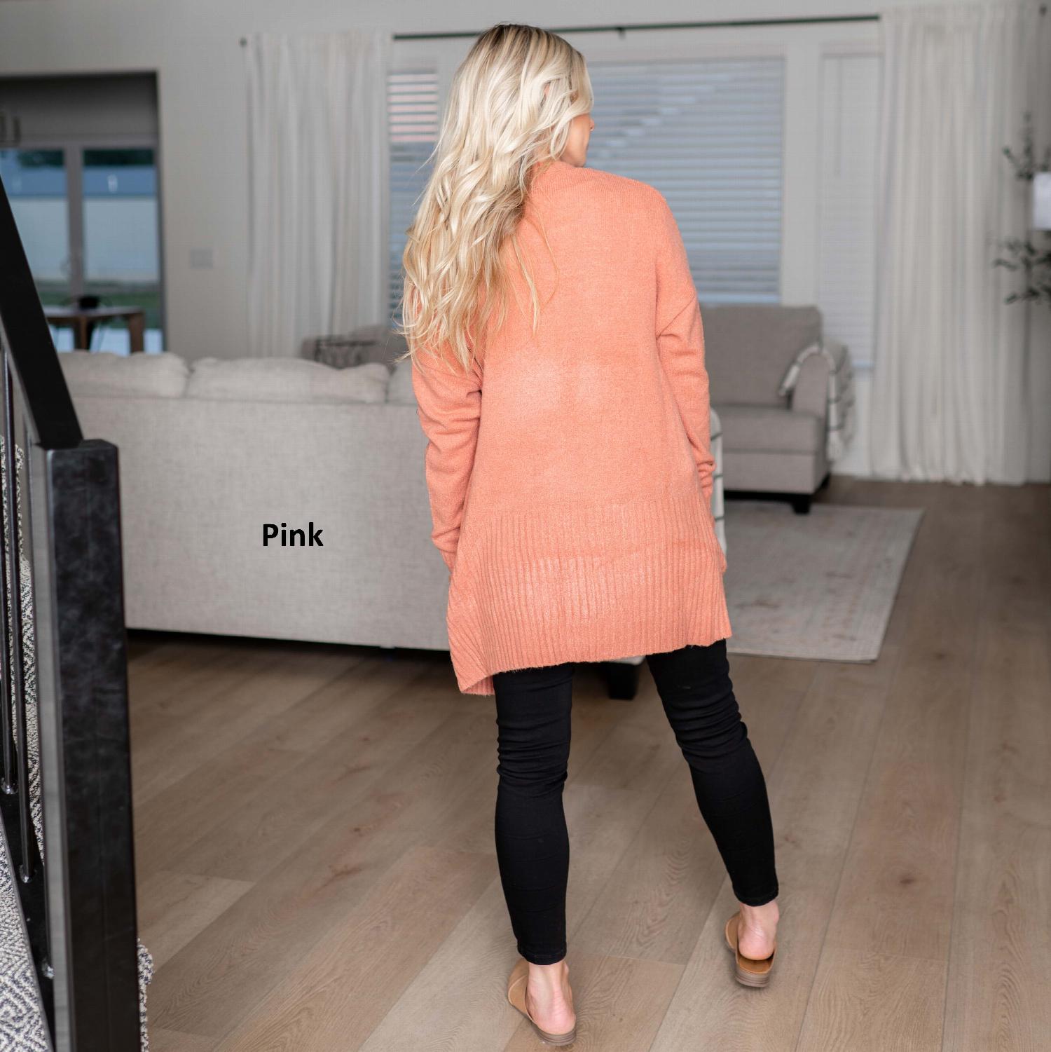 Open Front Sweater Cardigan in three solid colors, featuring ribbed waistline, cuffs, and pockets.