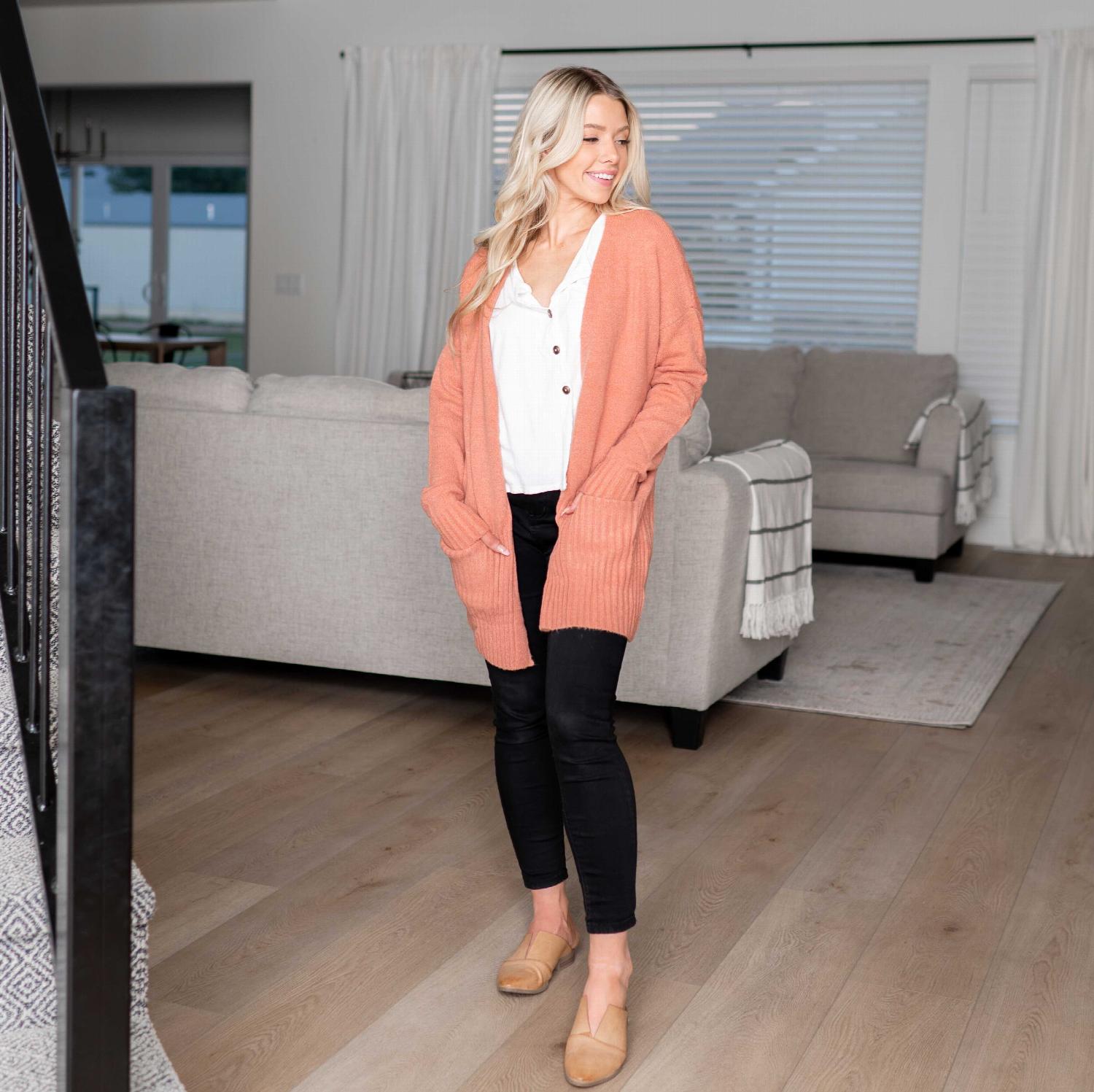 Open Front Sweater Cardigan in three solid colors, featuring ribbed waistline, cuffs, and pockets.