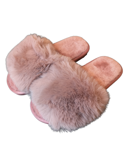 Open Toe Fluffy Slider Slippers in Rose, featuring soft faux fur and a padded sole for ultimate comfort.
