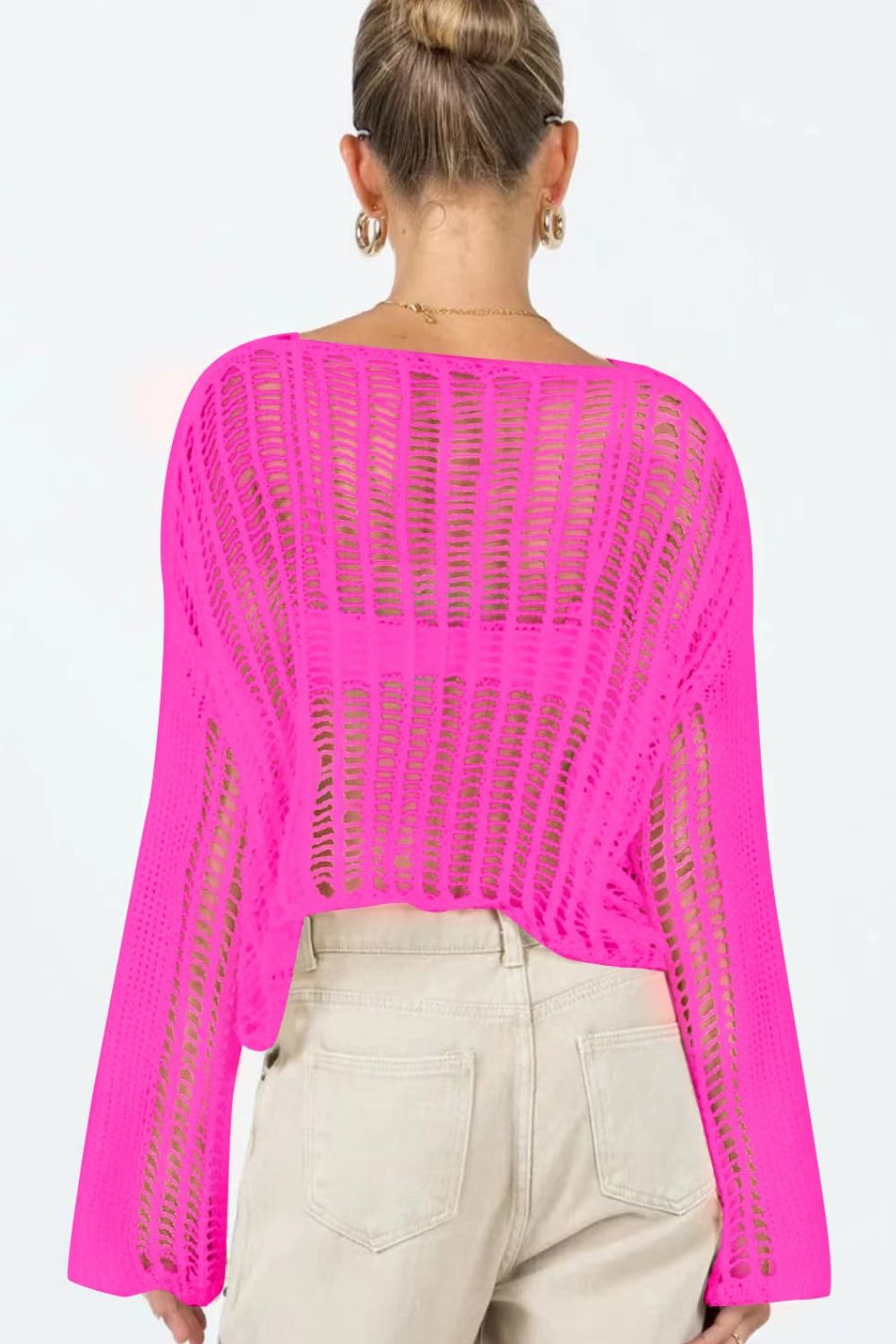 Openwork Boat Neck Long Sleeve Cover Up in solid color, featuring sheer fabric and long sleeves, perfect for beachwear.