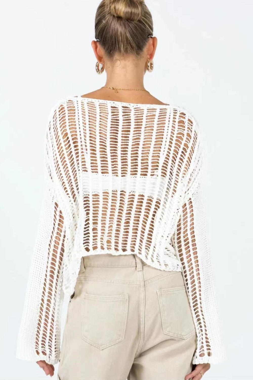 Openwork Boat Neck Long Sleeve Cover Up in solid color, featuring sheer fabric and long sleeves, perfect for beachwear.