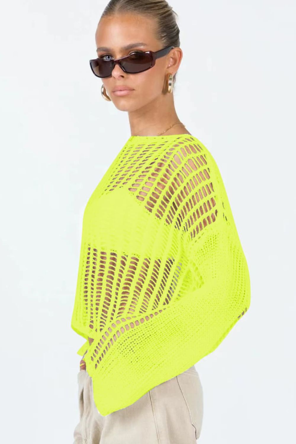 Openwork Boat Neck Long Sleeve Cover Up in solid color, featuring sheer fabric and long sleeves, perfect for beachwear.