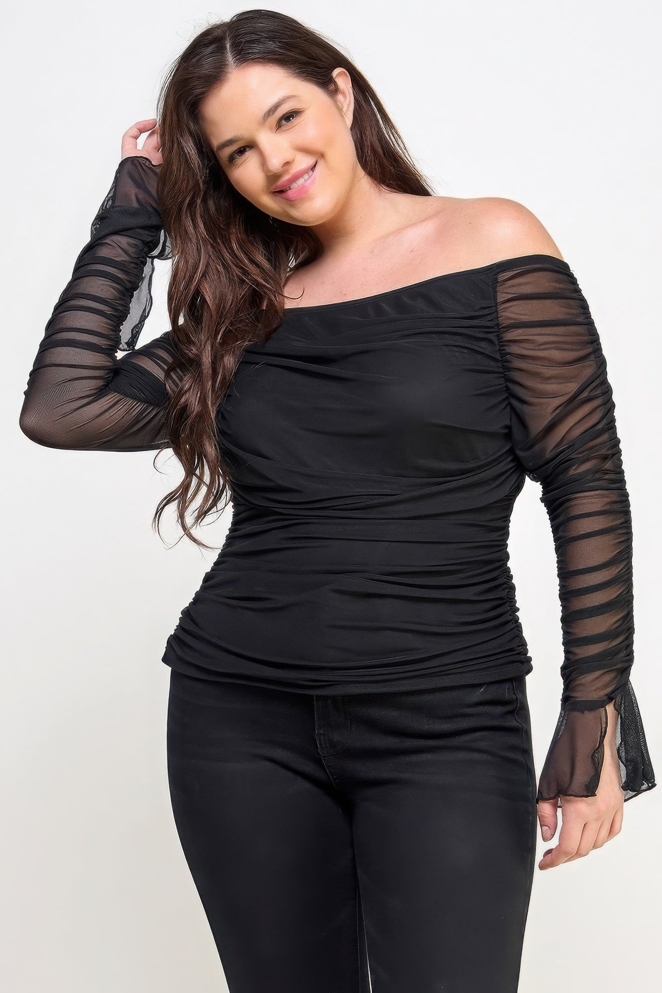 Ots Ruched Mesh Top featuring off-the-shoulder design and sheer ruched long sleeves in classic black color.