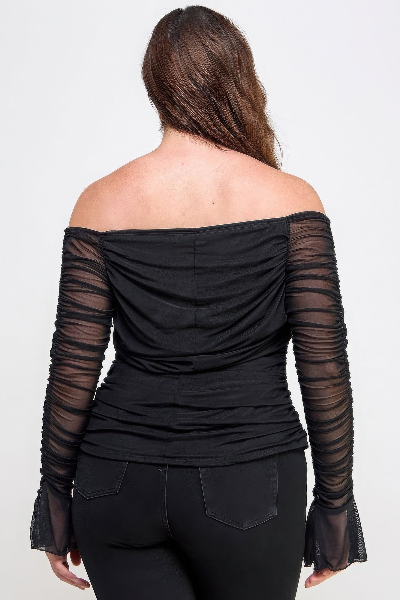Ots Ruched Mesh Top featuring off-the-shoulder design and sheer ruched long sleeves in classic black color.