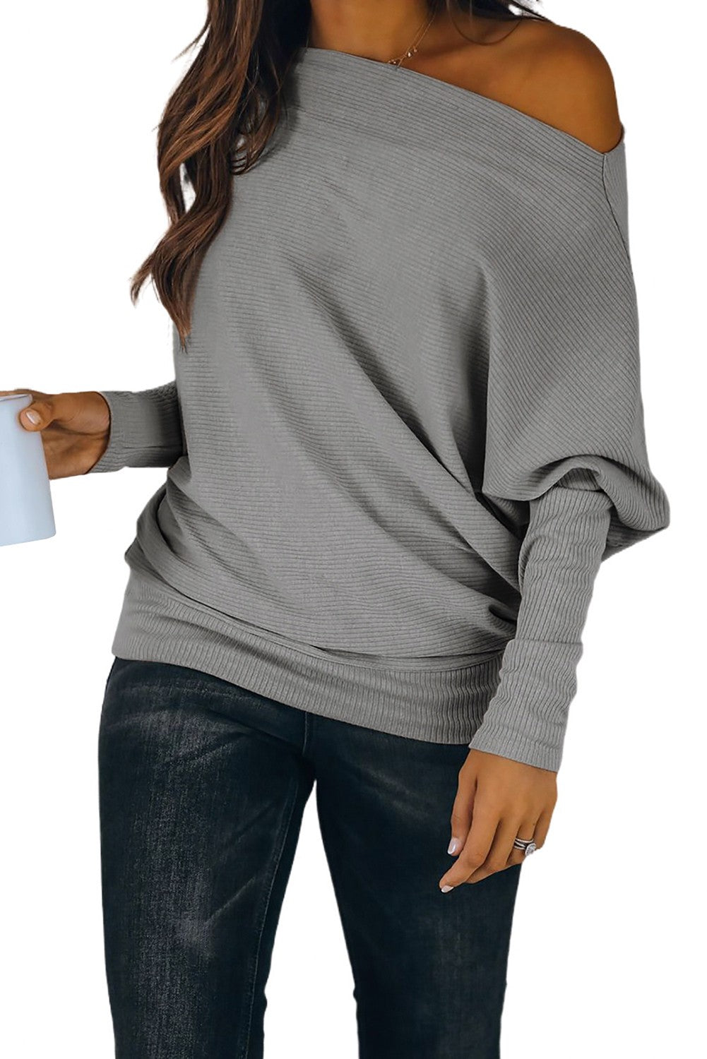 Oversized gray shirt with boat neckline and loose sleeves, perfect for casual wear.