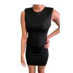 A stylish padded shoulder t-shirt mini dress in soft fabric, featuring a crew neck and short cap sleeves, perfect for casual and formal occasions.