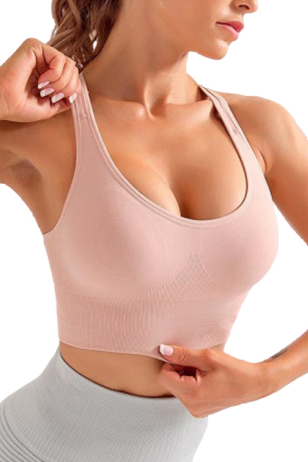 Padded Support Fitness Solid Color Sport Bra featuring removable padding, scoop neck, and back cutout design in a solid color.