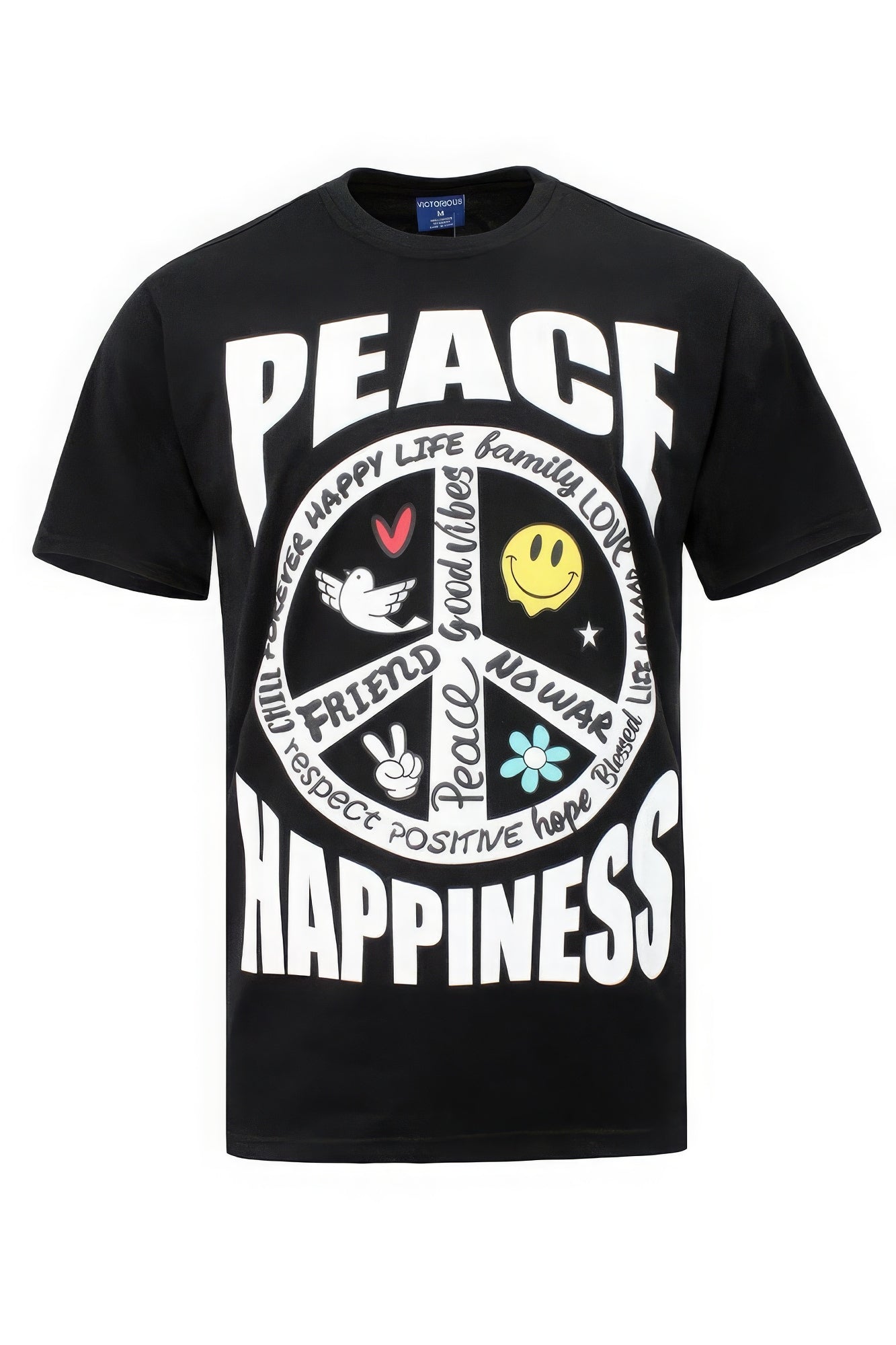 A soothing Mint Peace Happiness T-Shirt featuring a charming puff print design, made from 100% cotton for comfort.