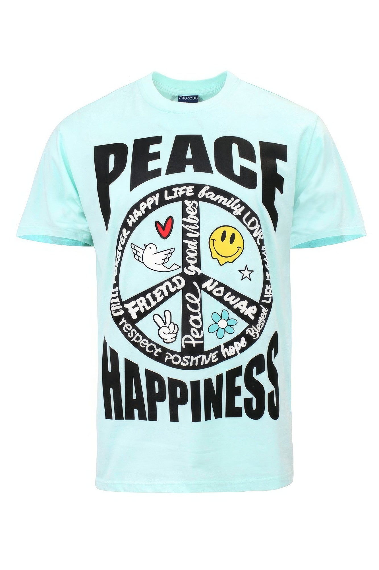 A soothing Mint Peace Happiness T-Shirt featuring a charming puff print design, made from 100% cotton for comfort.