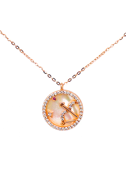 Rose gold SAGITTARIUS pendant necklace featuring the zodiac sign, crafted from 100% silver.
