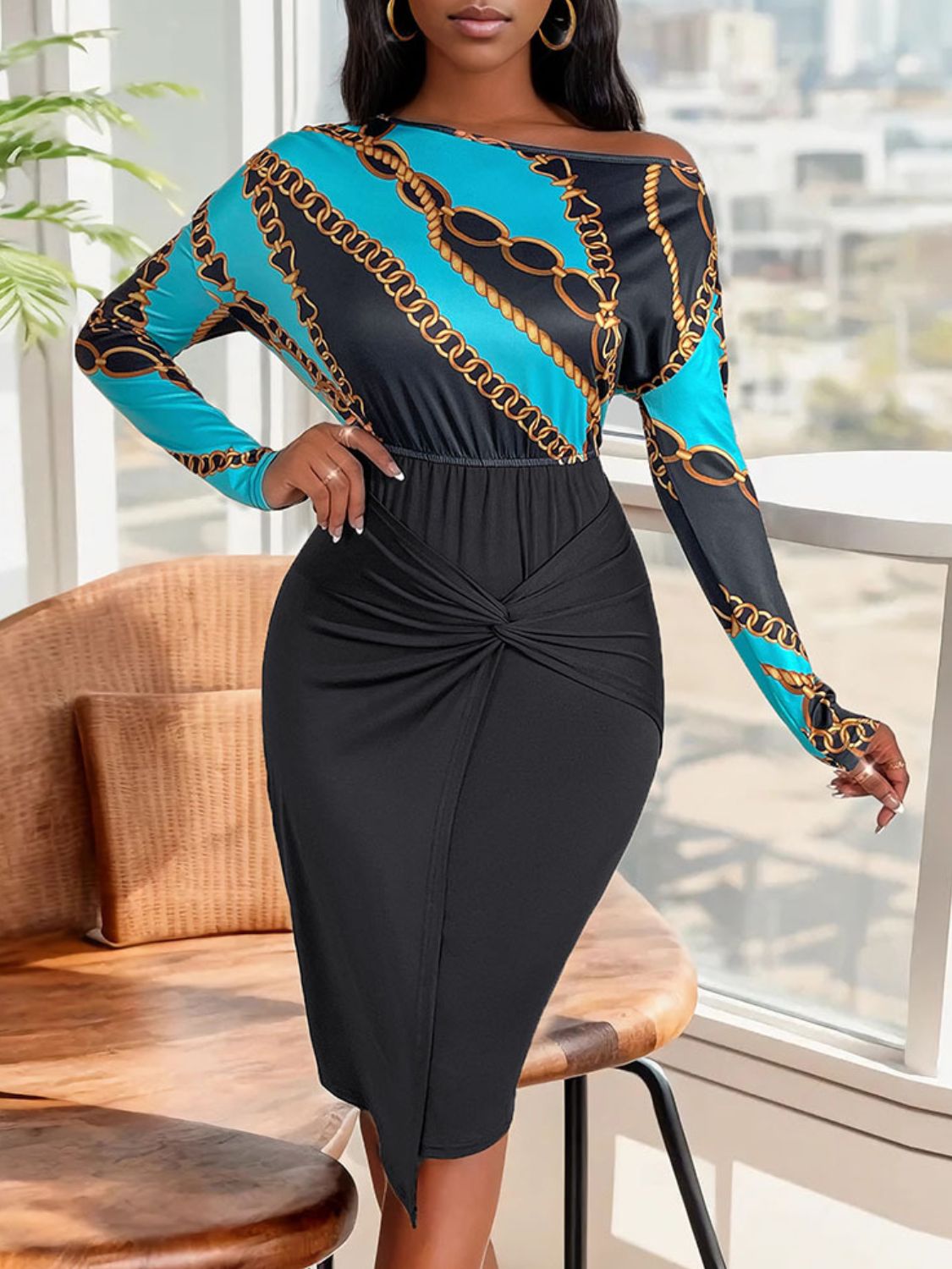 Perfee Twisted Printed Long Sleeve Dress showcasing a unique twisted design, made from a comfortable polyester-elastane blend.