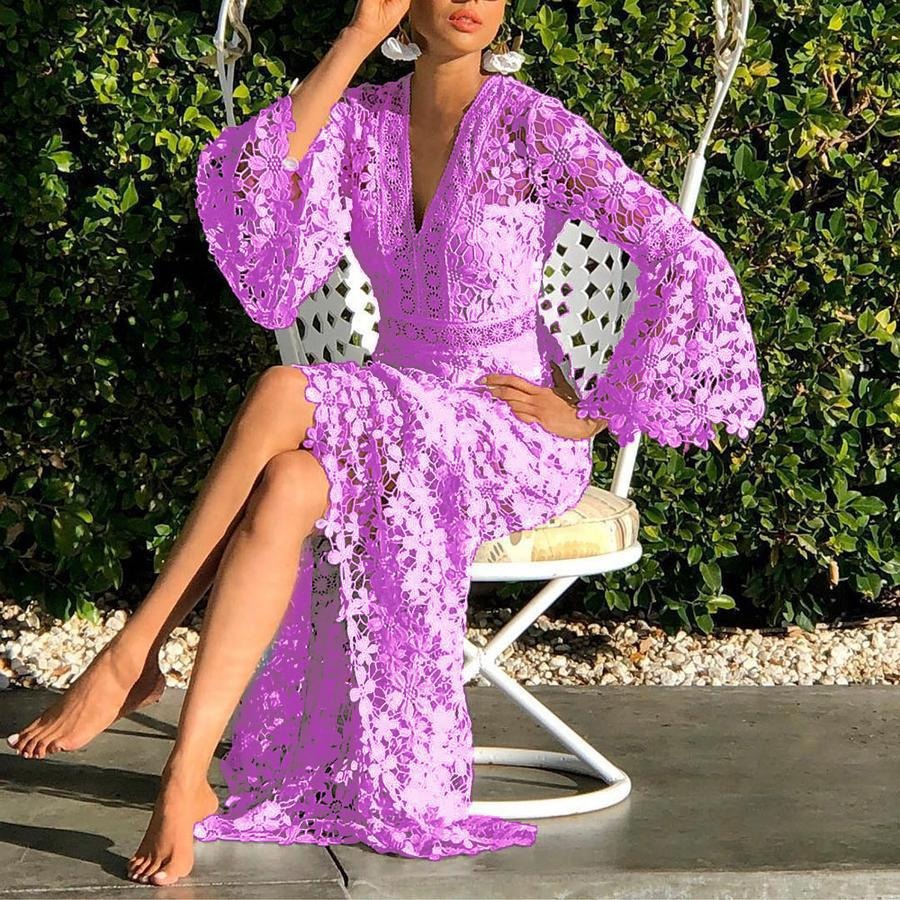 A beautiful Perspective Water Soluble Lace Dress featuring long sleeves and intricate embroidery, perfect for casual outings.