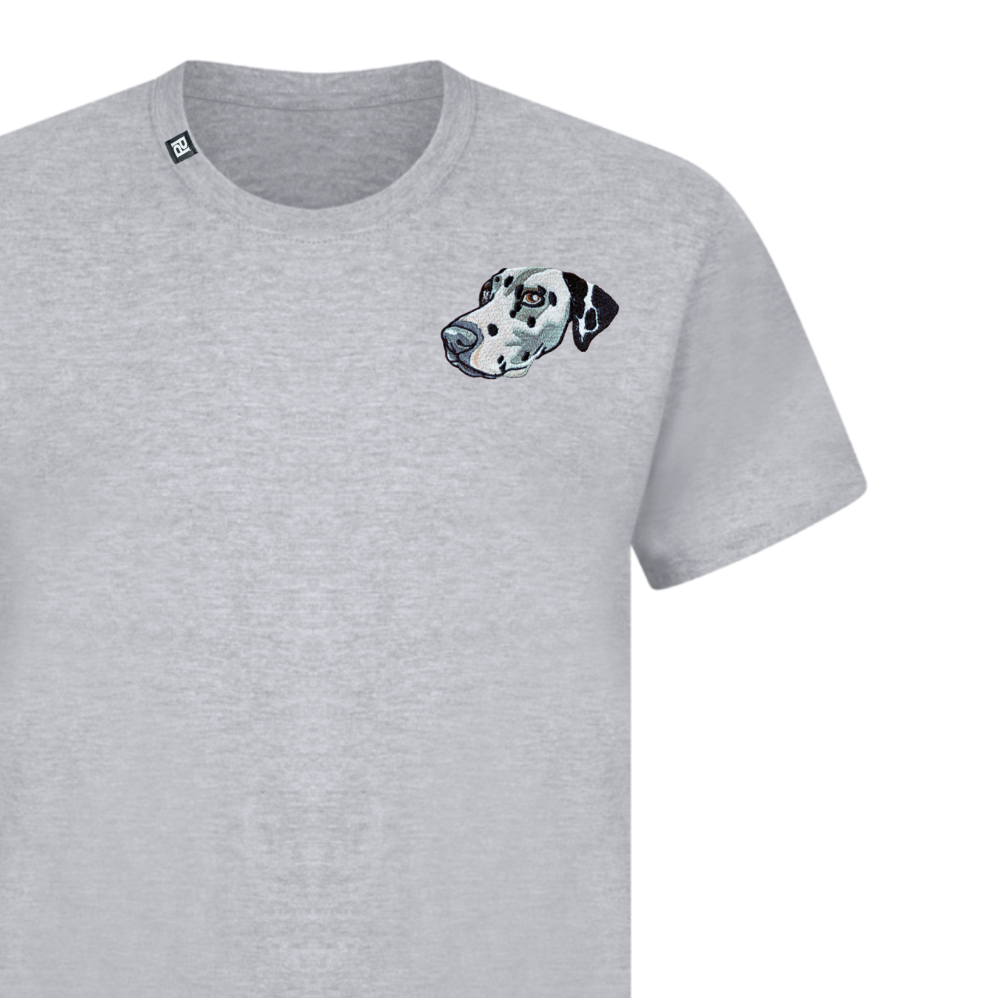 Custom embroidered T-shirt featuring a pet portrait of a dog, showcasing vibrant colors and detailed stitching.