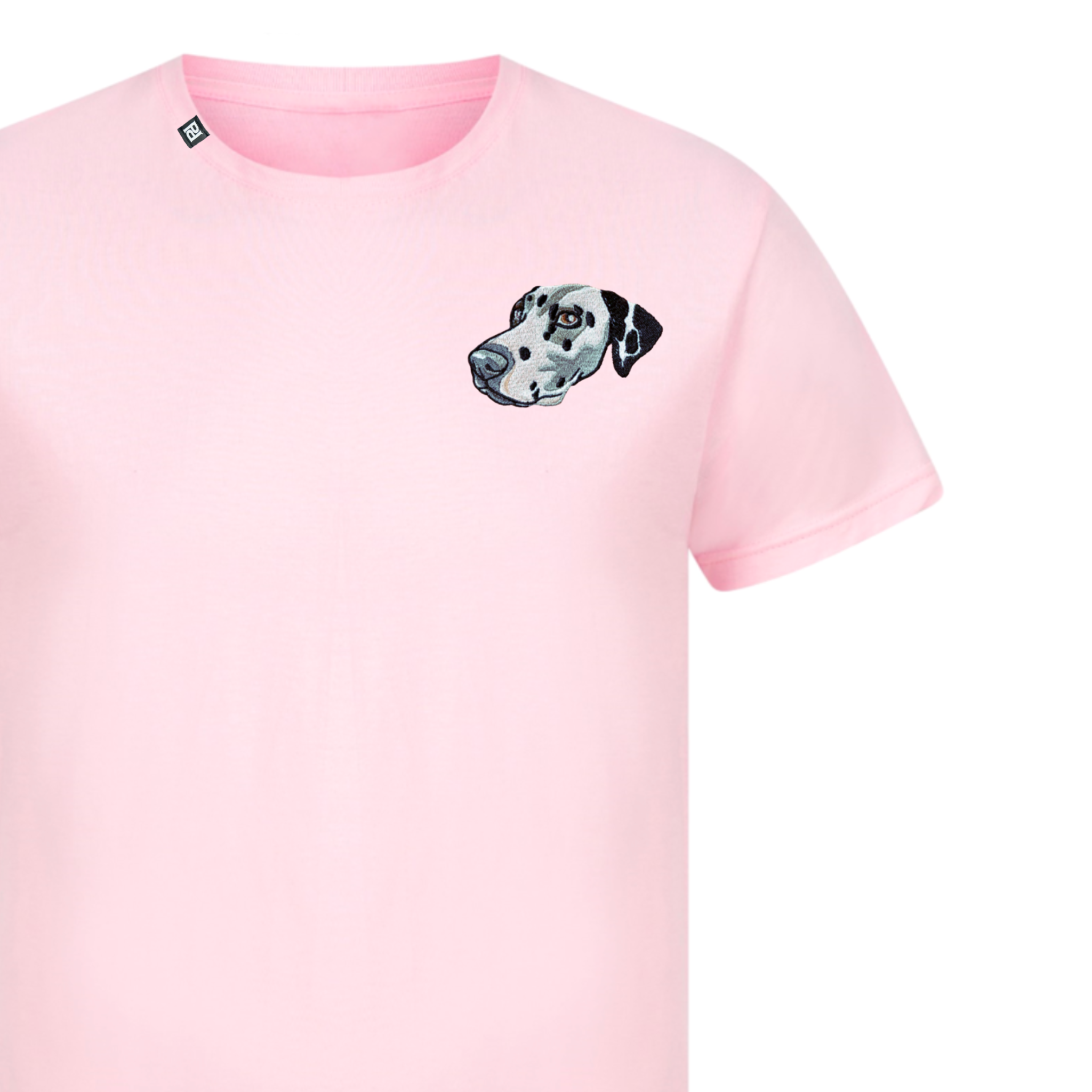 Custom embroidered T-shirt featuring a pet portrait of a dog, showcasing vibrant colors and detailed stitching.