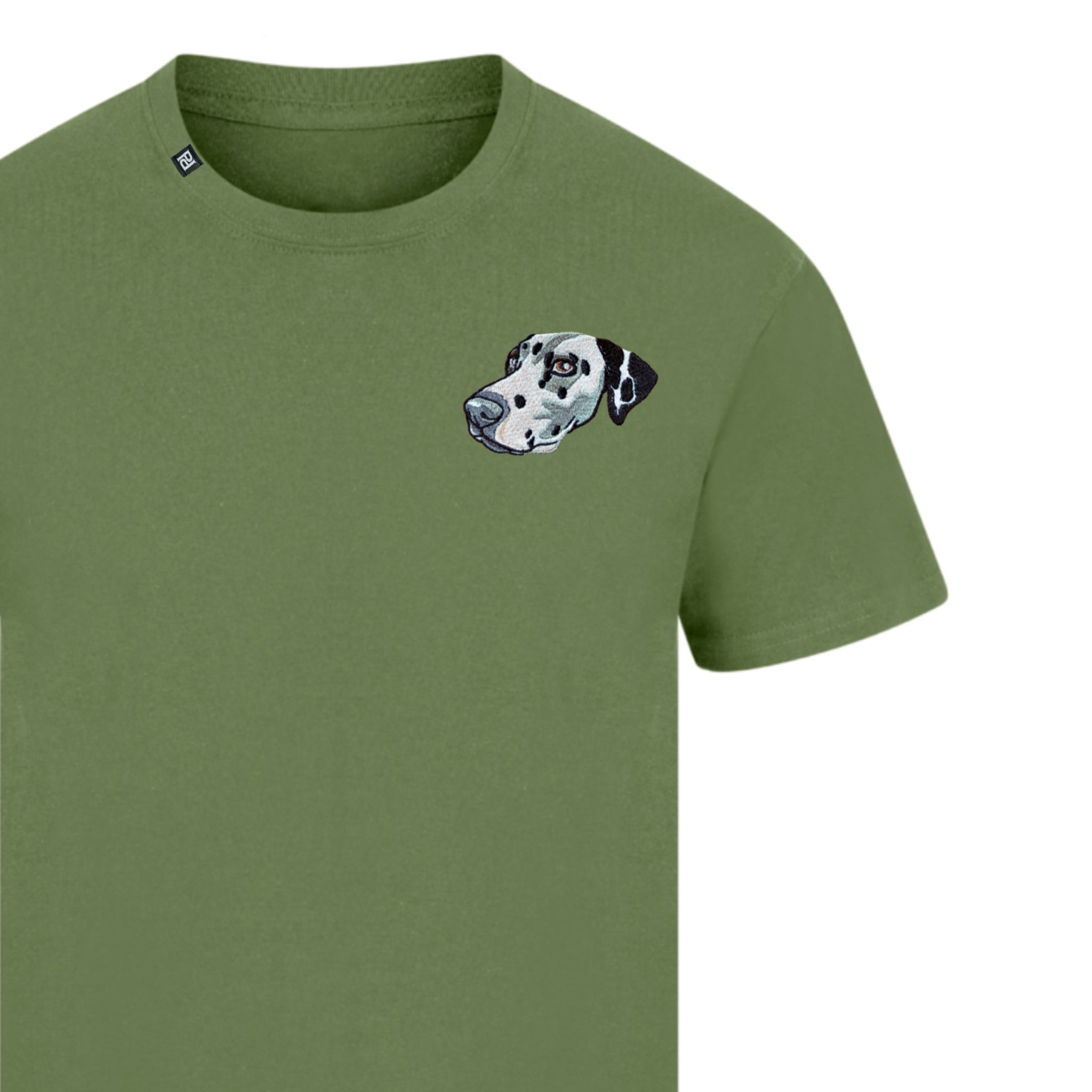 Custom embroidered T-shirt featuring a pet portrait of a dog, showcasing vibrant colors and detailed stitching.