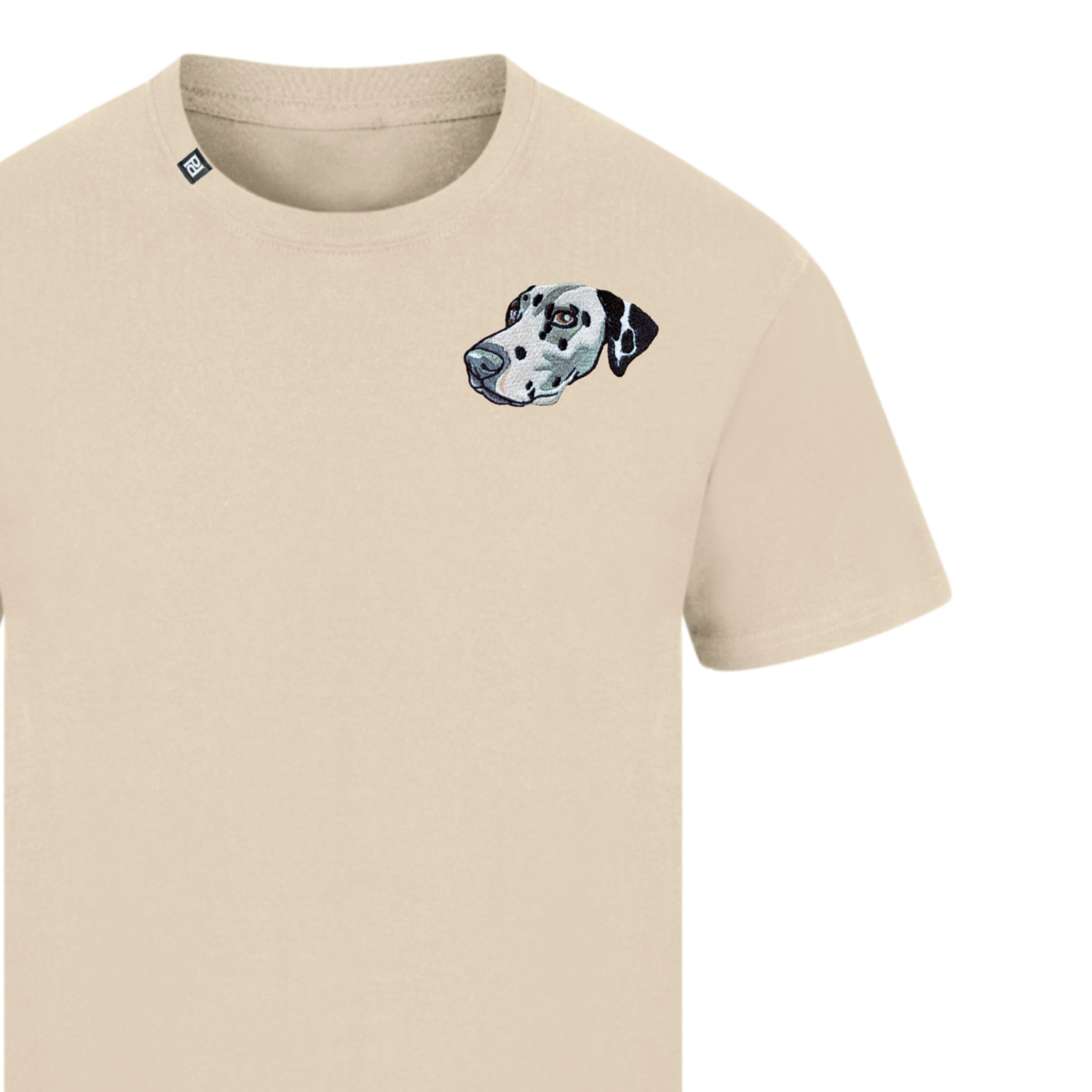 Custom embroidered T-shirt featuring a pet portrait of a dog, showcasing vibrant colors and detailed stitching.
