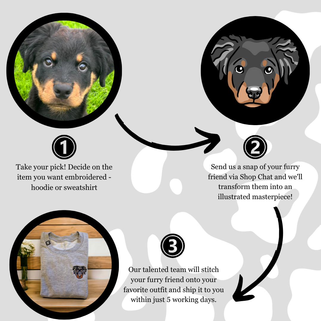 Custom embroidered T-shirt featuring a pet portrait of a dog, showcasing vibrant colors and detailed stitching.