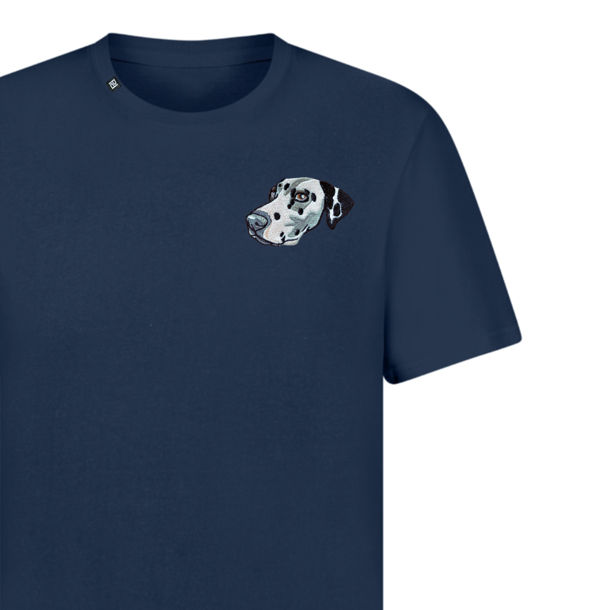 Custom embroidered T-shirt featuring a pet portrait of a dog, showcasing vibrant colors and detailed stitching.