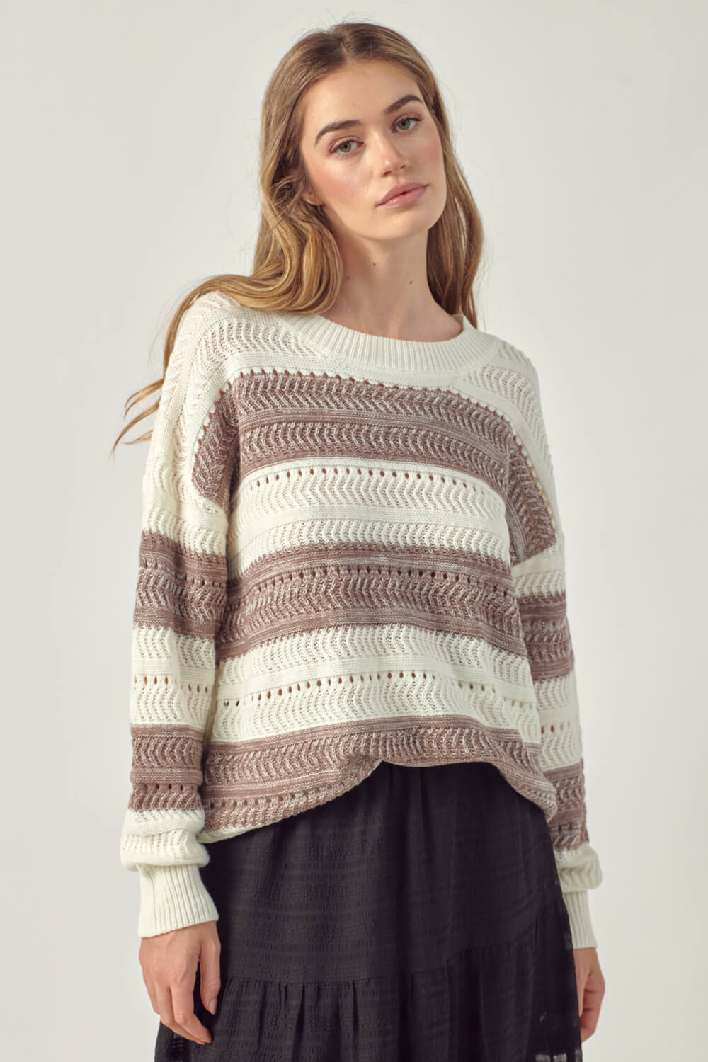 Petal Dew Striped Openwork Drop Shoulder Sweater featuring a casual chic design with openwork ribbed knit and dropped shoulders.