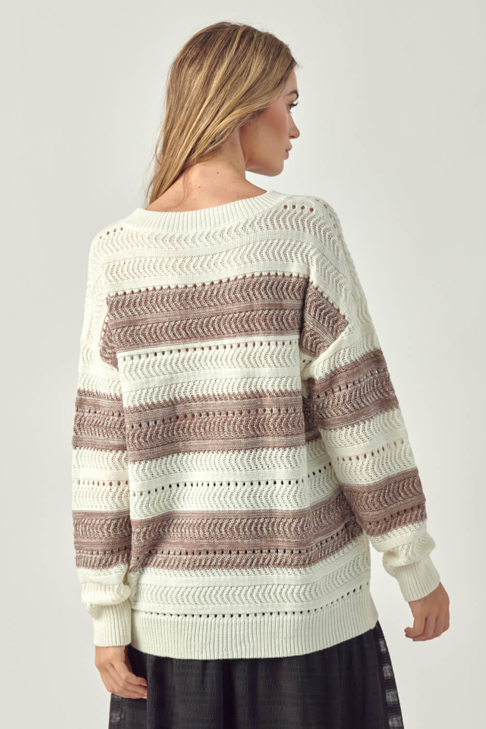 Petal Dew Striped Openwork Drop Shoulder Sweater featuring a casual chic design with openwork ribbed knit and dropped shoulders.