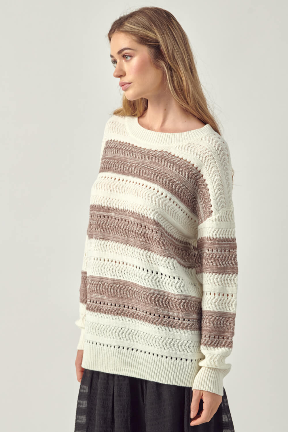 Petal Dew Striped Openwork Drop Shoulder Sweater featuring a casual chic design with openwork ribbed knit and dropped shoulders.