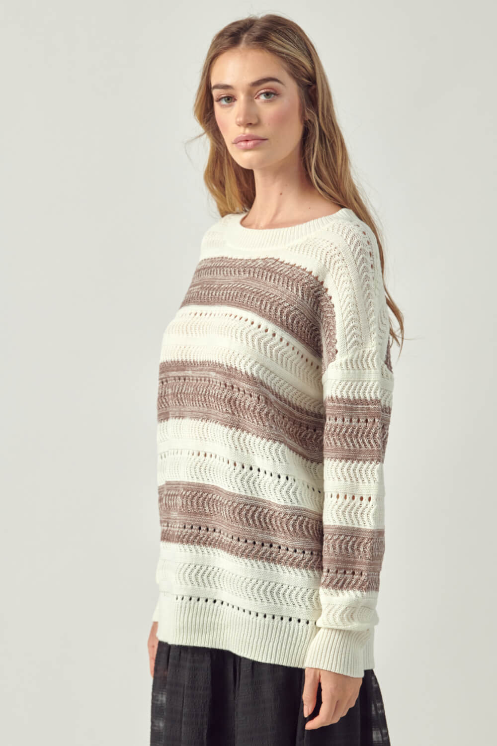 Petal Dew Striped Openwork Drop Shoulder Sweater featuring a casual chic design with openwork ribbed knit and dropped shoulders.