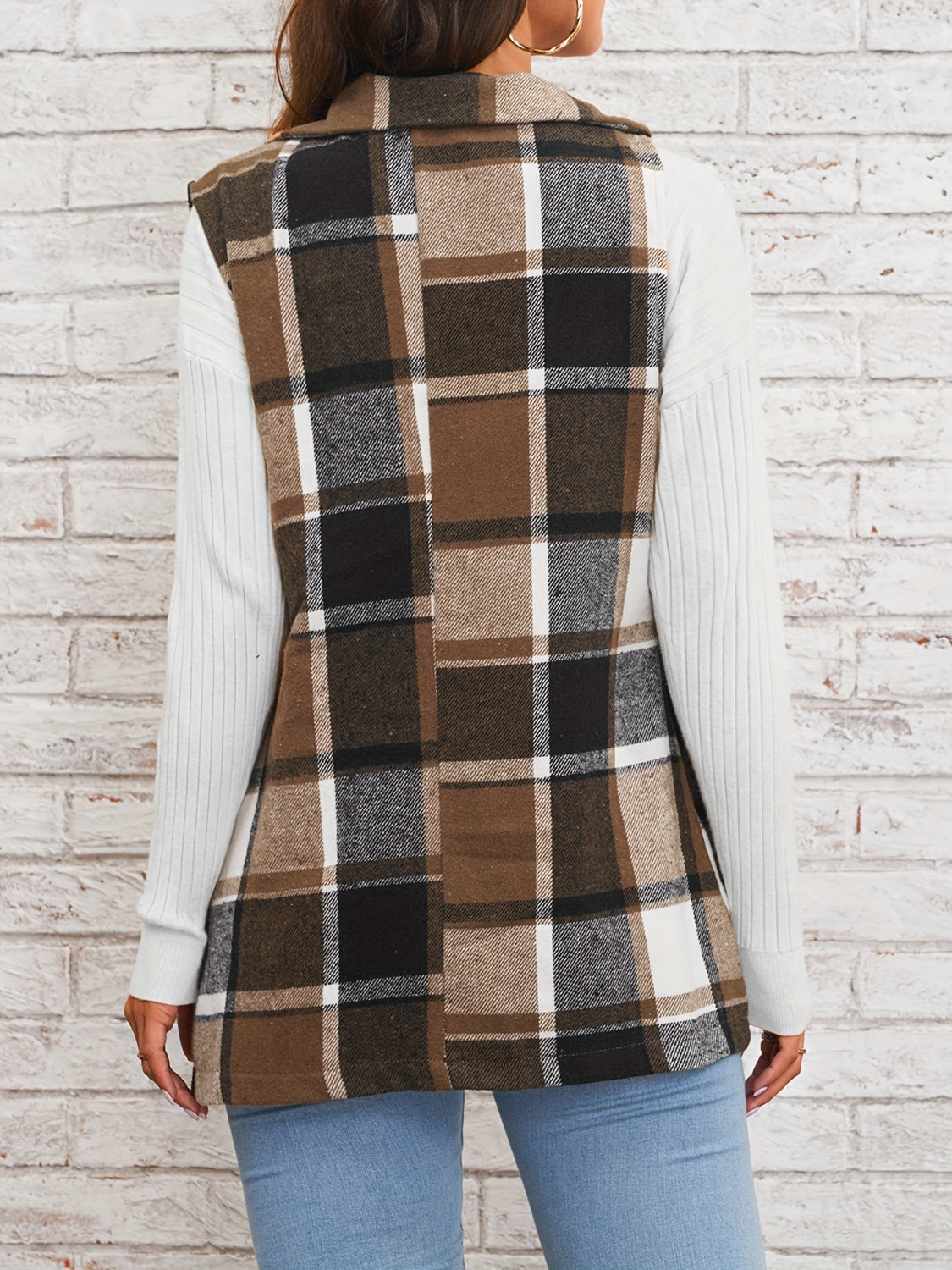 Plaid button down vest coat in a stylish design, featuring a buttoned front and classic plaid pattern, made from 100% polyester.