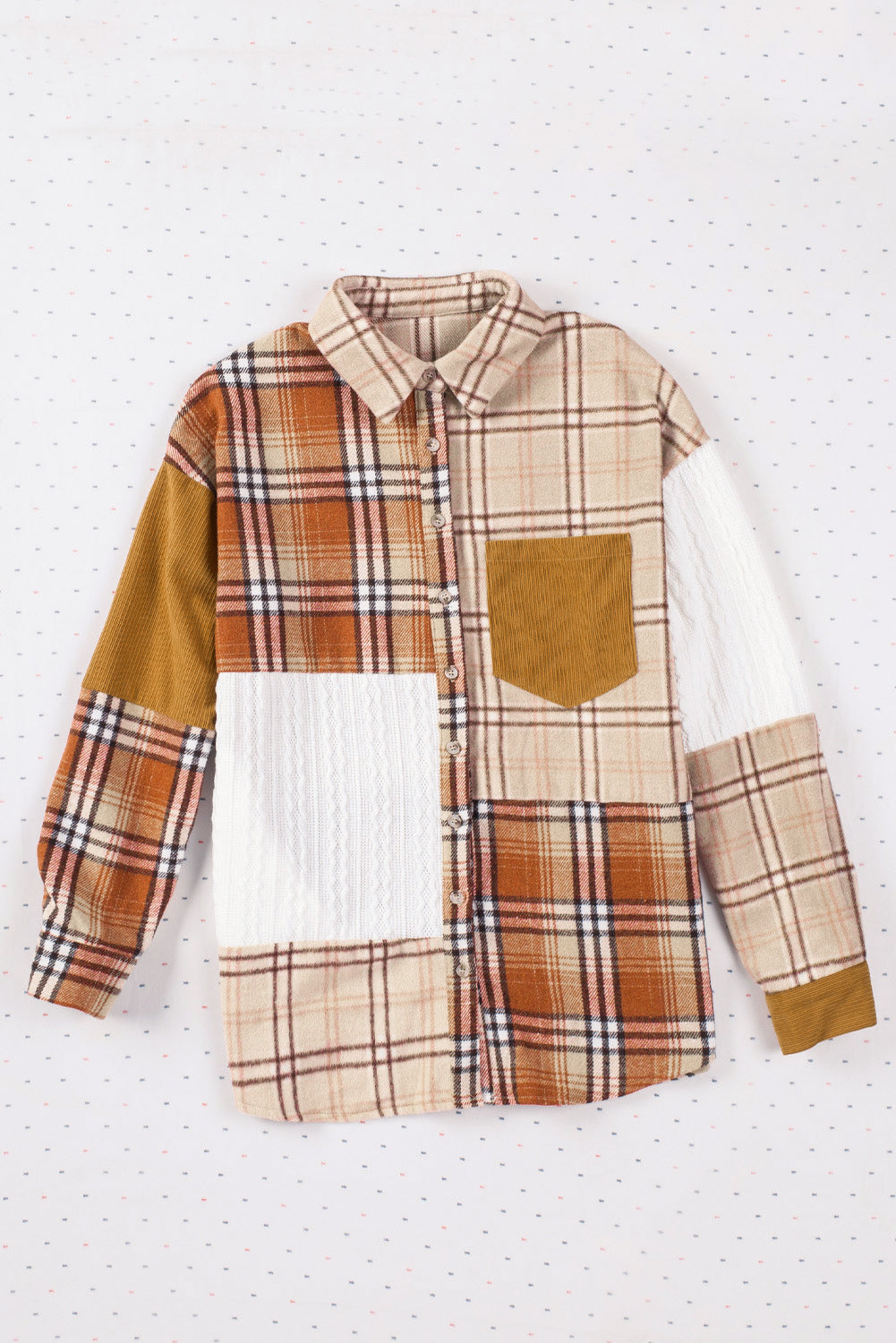 Orange plaid color block patchwork shirt jacket with pocket, showcasing unique patterns and stylish design.