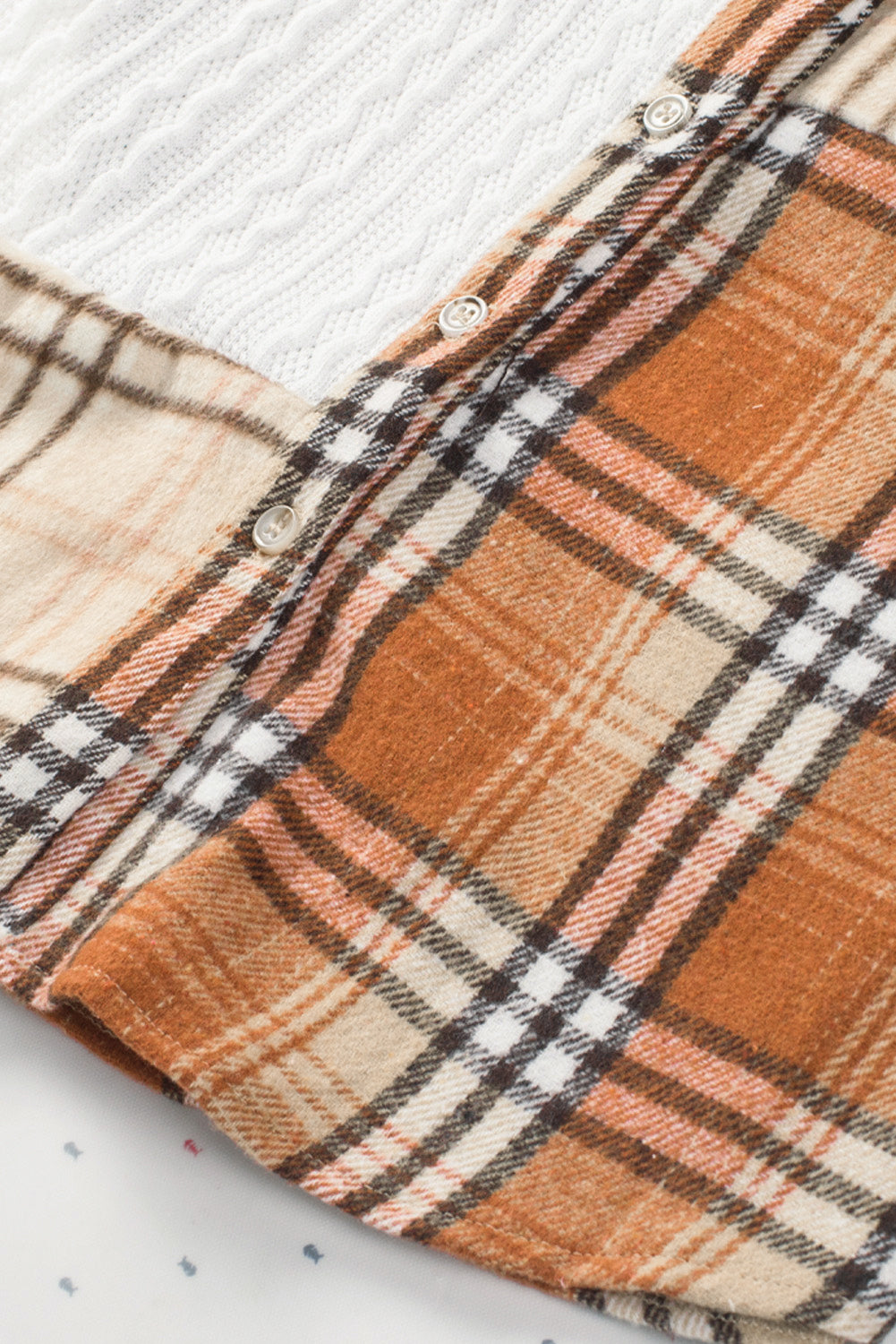 Orange plaid color block patchwork shirt jacket with pocket, showcasing unique patterns and stylish design.