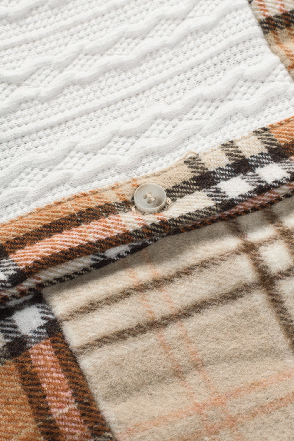 Orange plaid color block patchwork shirt jacket with pocket, showcasing unique patterns and stylish design.