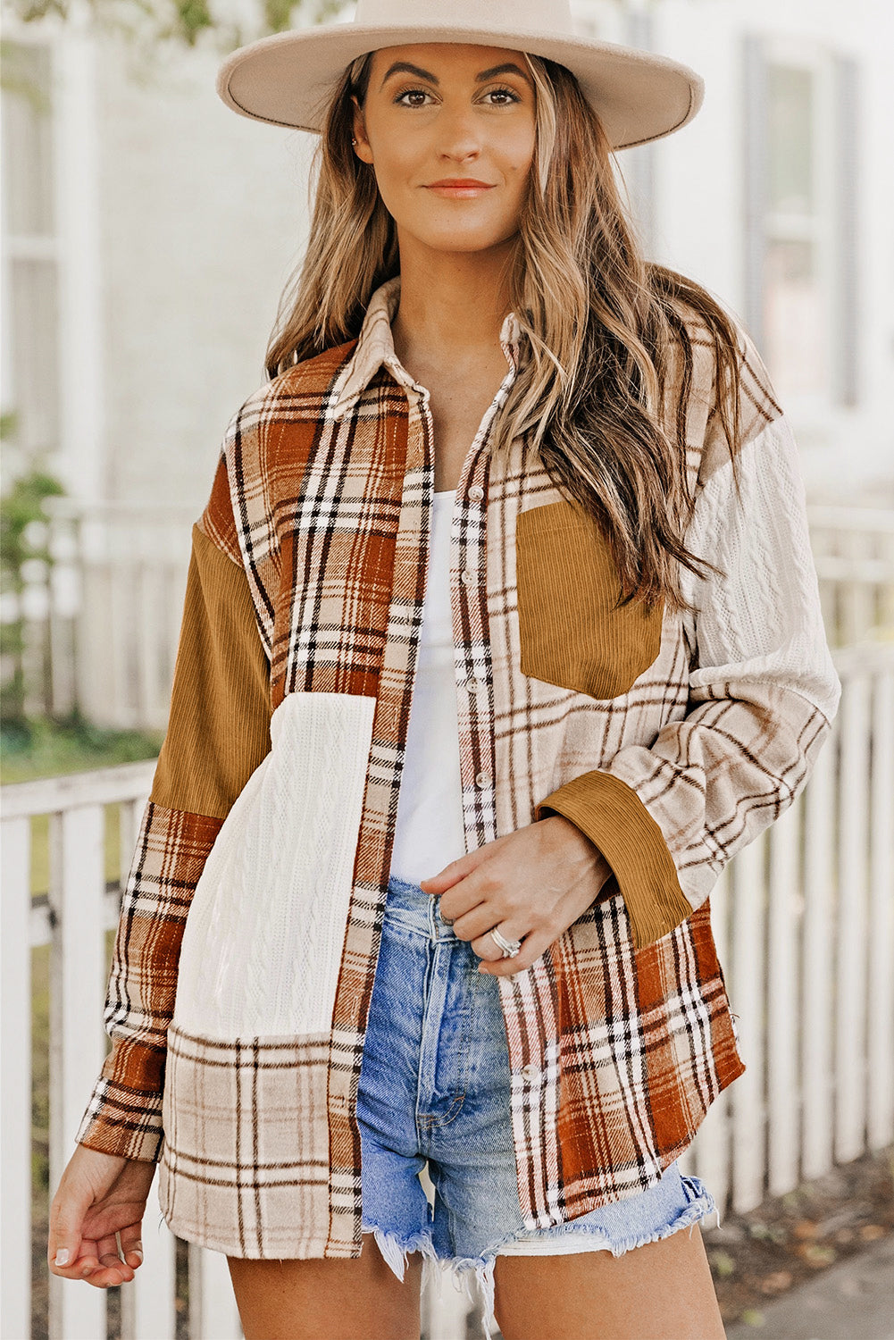 Orange plaid color block patchwork shirt jacket with pocket, showcasing unique patterns and stylish design.