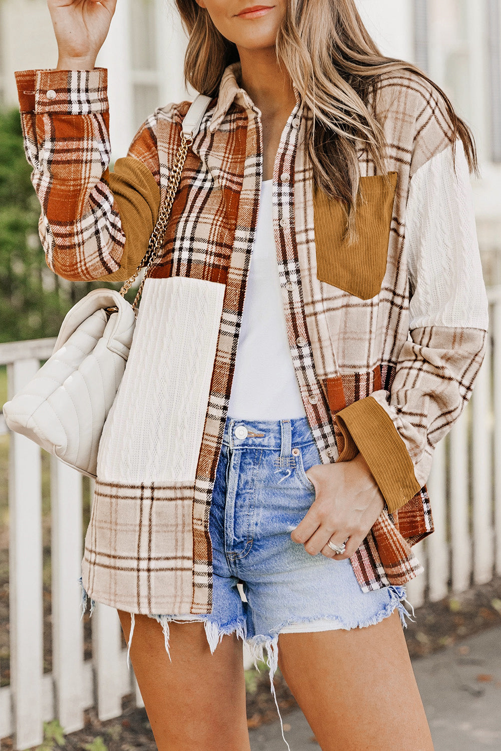 Orange plaid color block patchwork shirt jacket with pocket, showcasing unique patterns and stylish design.