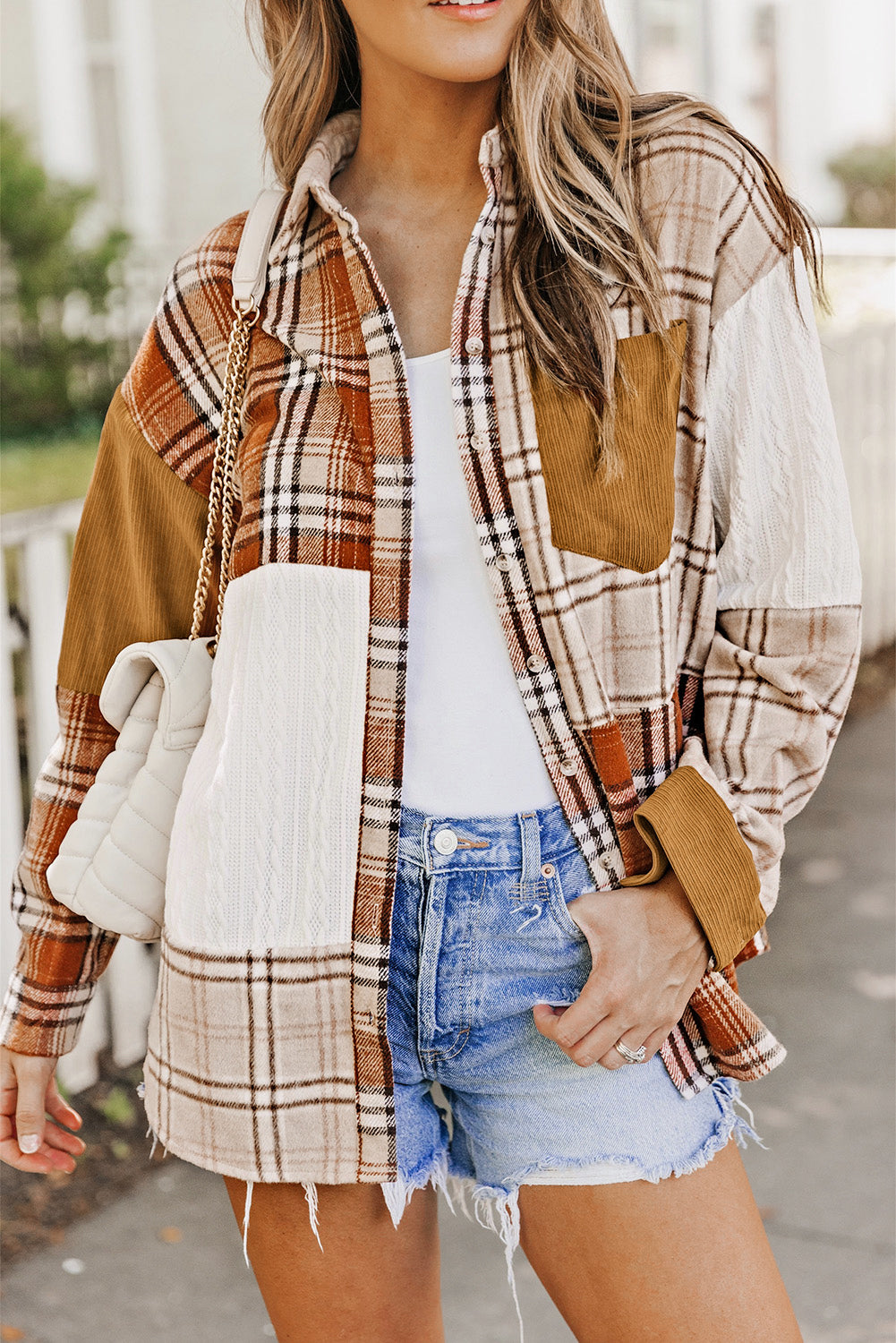 Orange plaid color block patchwork shirt jacket with pocket, showcasing unique patterns and stylish design.