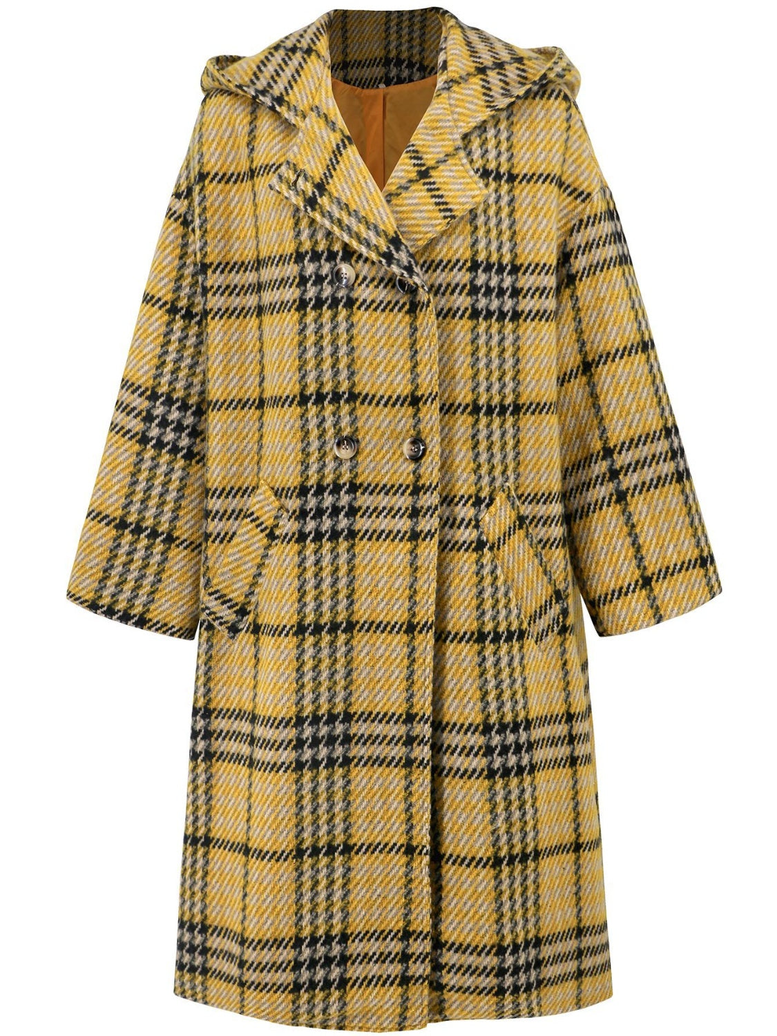 Plaid double-breasted long sleeve longline coat displayed on a mannequin, showcasing its stylish design and buttoned front.