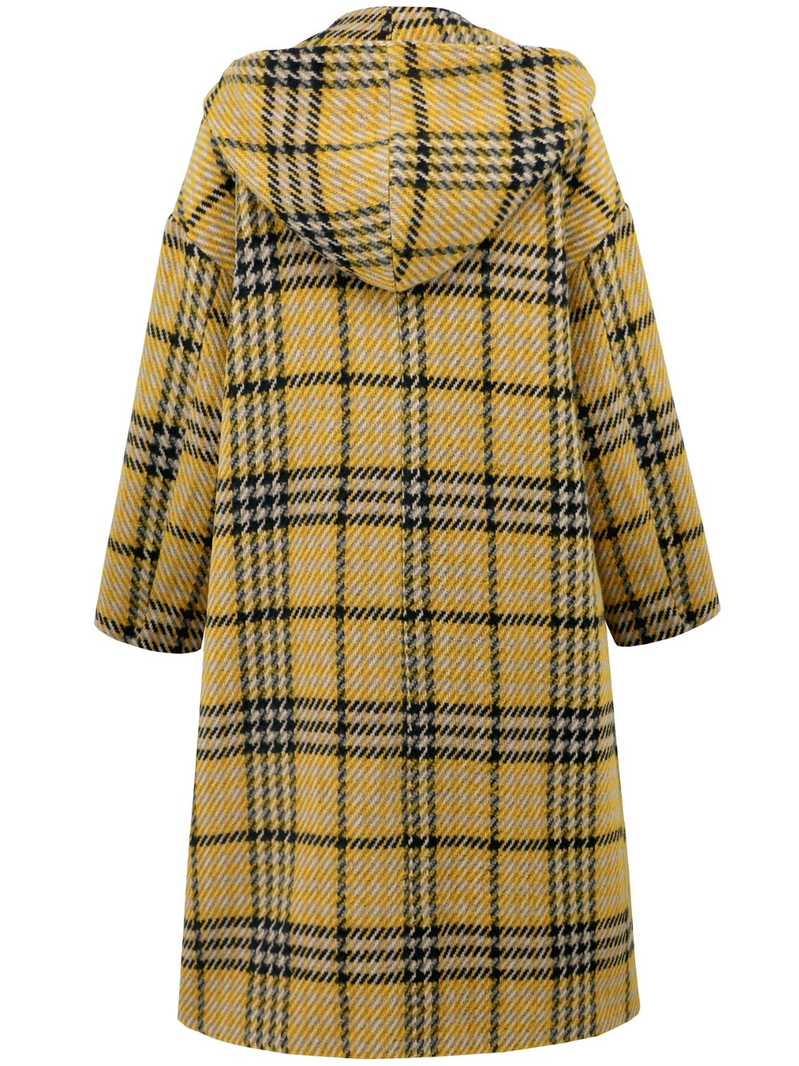 Plaid double-breasted long sleeve longline coat displayed on a mannequin, showcasing its stylish design and buttoned front.