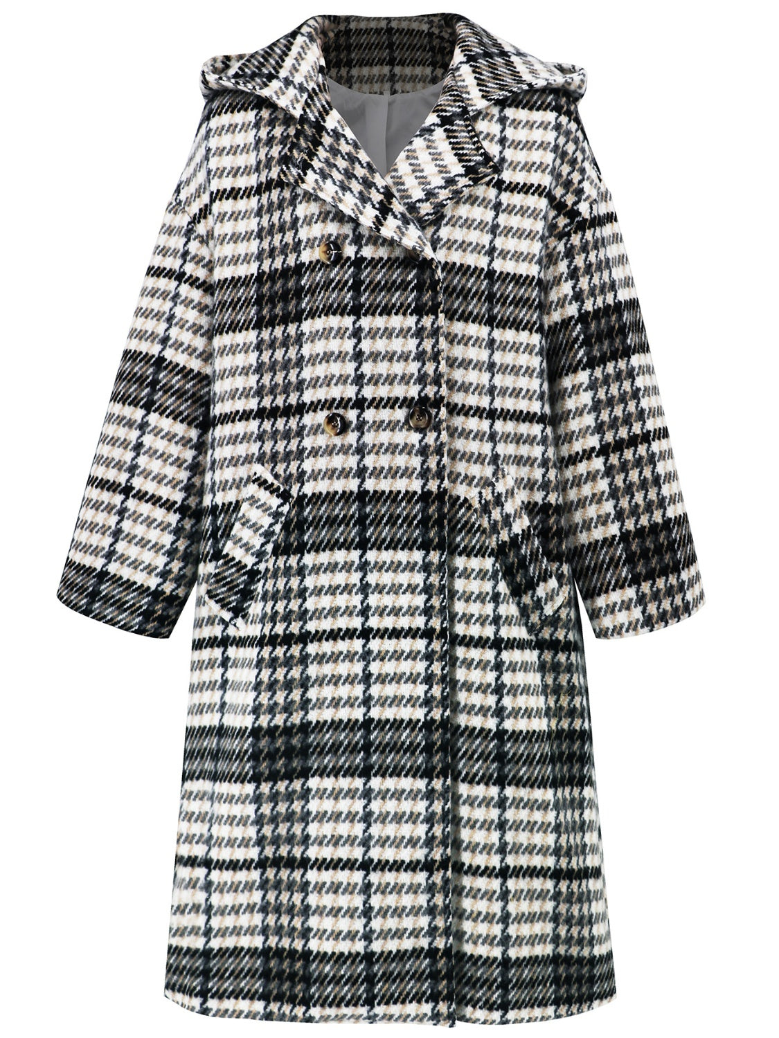Plaid double-breasted long sleeve longline coat displayed on a mannequin, showcasing its stylish design and buttoned front.