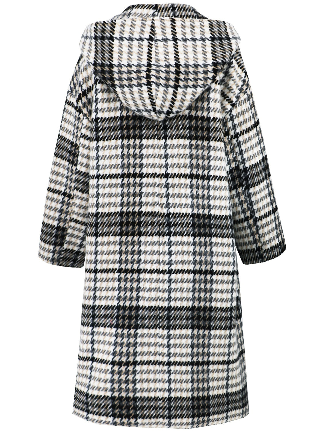 Plaid double-breasted long sleeve longline coat displayed on a mannequin, showcasing its stylish design and buttoned front.