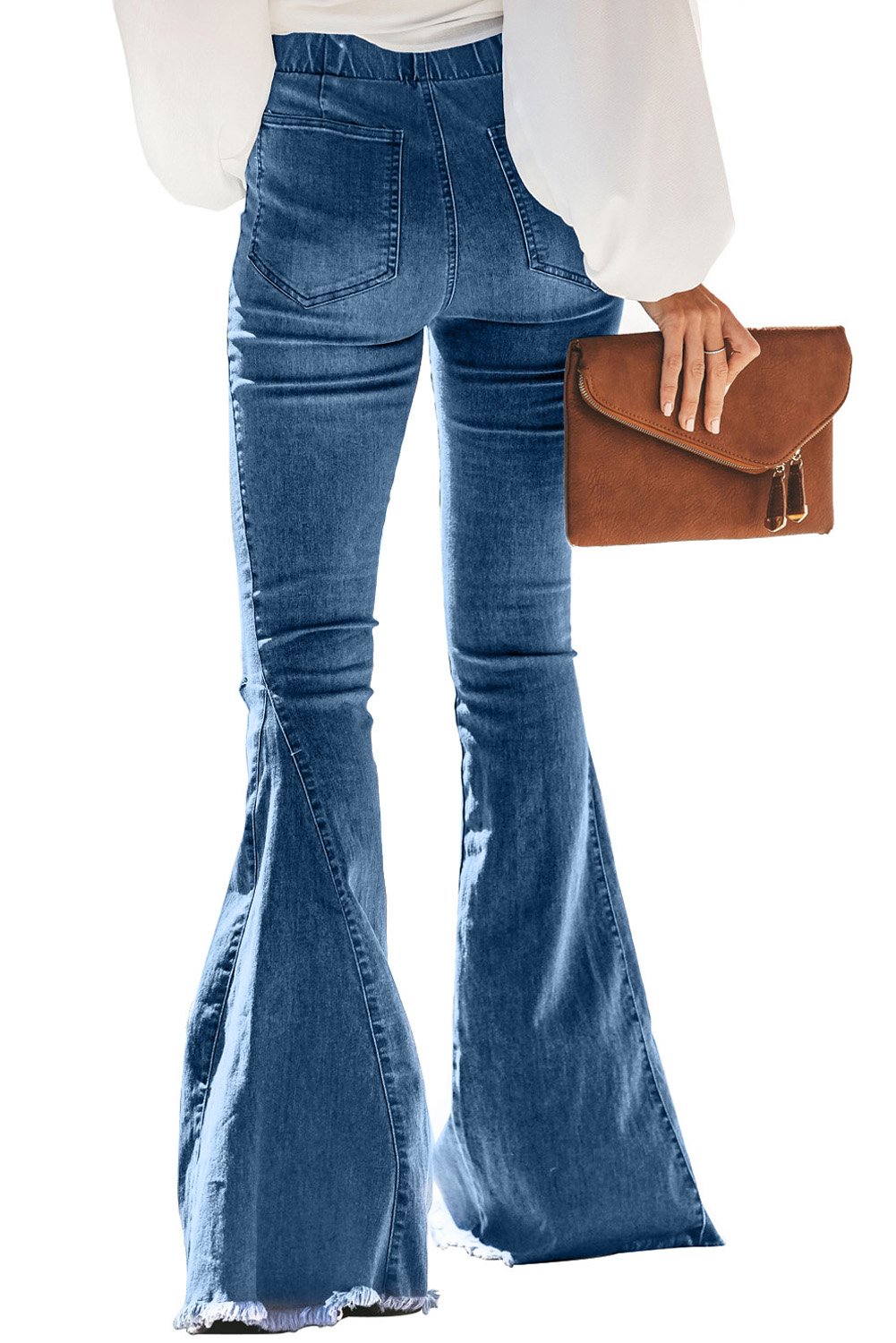 Plaid Patchwork Bell Bottom Jeans with Frayed Hem showcasing a stylish flared design and unique knee patchwork detail.