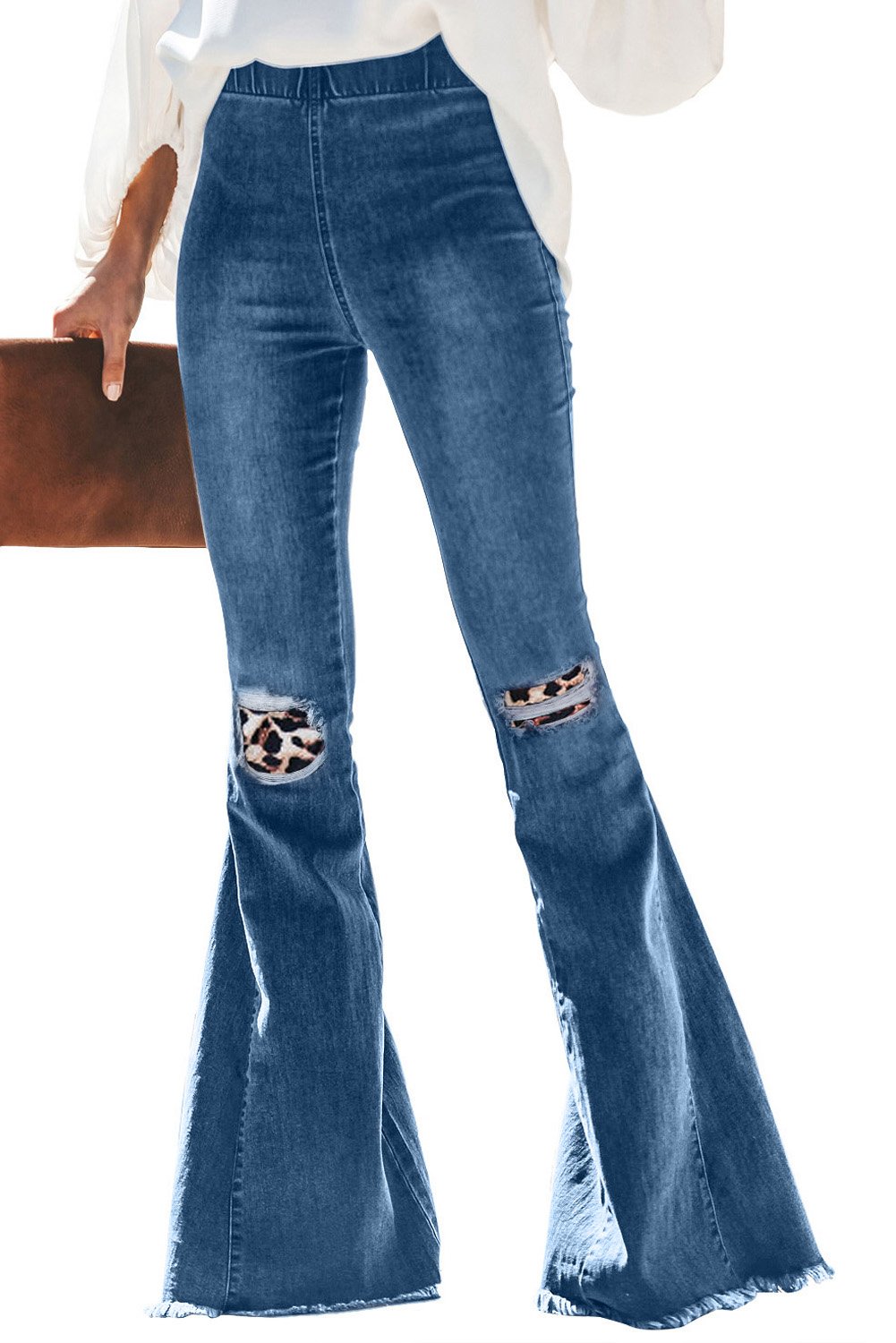 Plaid Patchwork Bell Bottom Jeans with Frayed Hem showcasing a stylish flared design and unique knee patchwork detail.