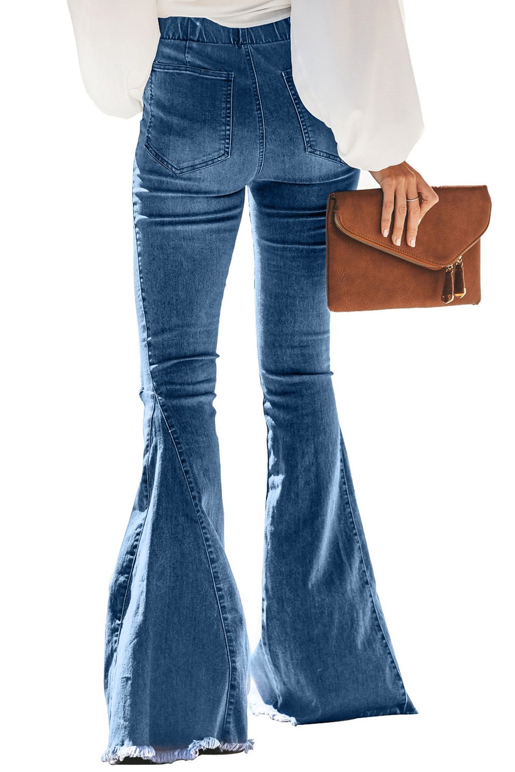 Plaid Patchwork Bell Bottom Jeans with Frayed Hem showcasing a stylish flared design and unique knee patchwork detail.