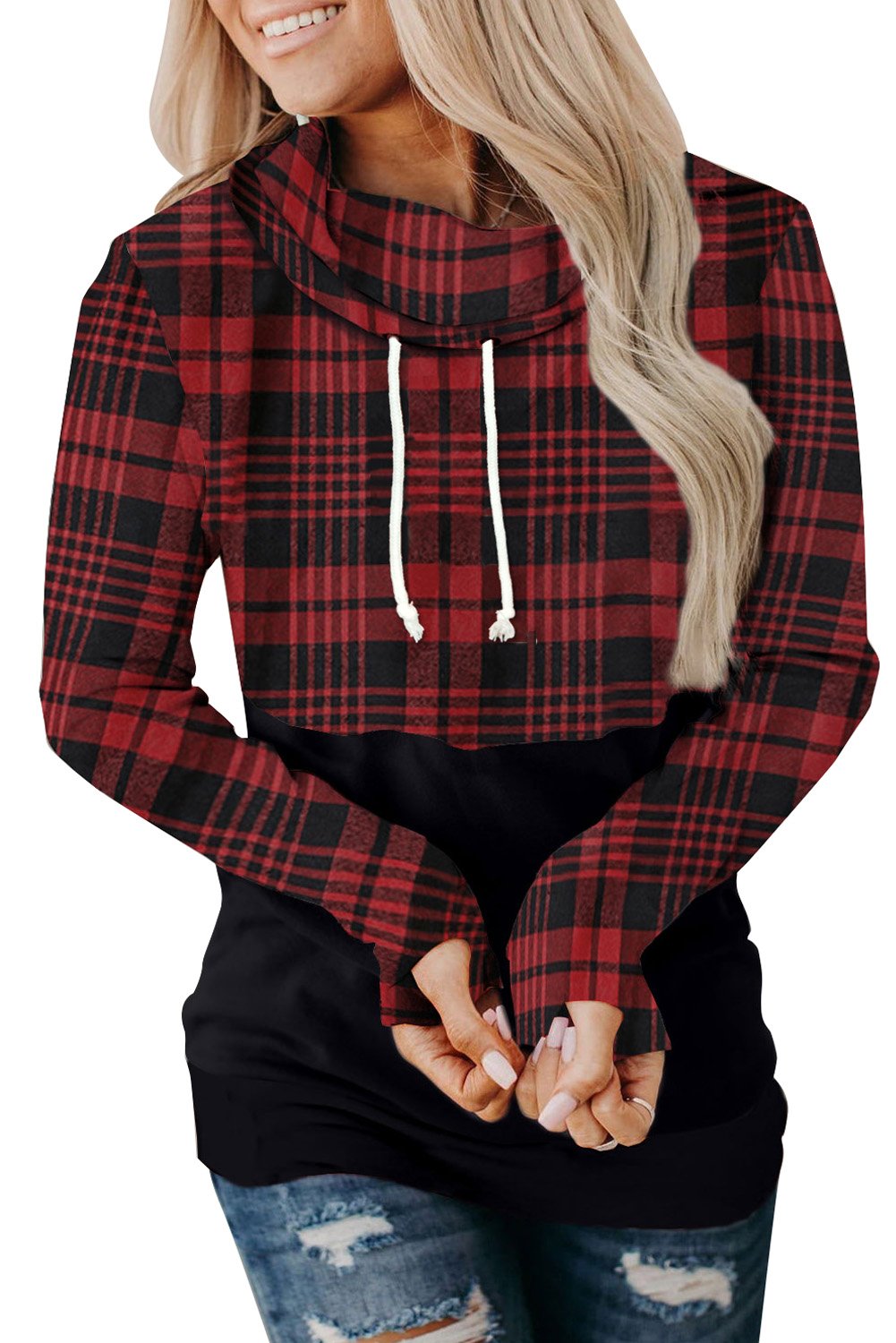 A stylish plaid splicing drawstring cowl neck long sleeve hoodie, featuring a cozy design and soft fabric, perfect for casual wear.