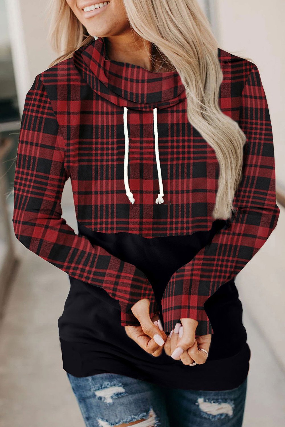 A stylish plaid splicing drawstring cowl neck long sleeve hoodie, featuring a cozy design and soft fabric, perfect for casual wear.