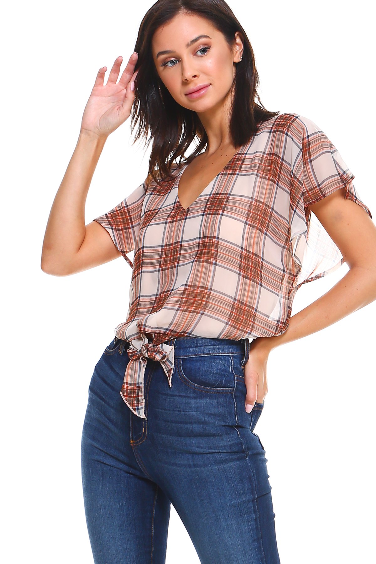 A stylish plaid tie back blouse top made of 100% polyester, featuring a chic design and a comfortable fit, displayed on a model.
