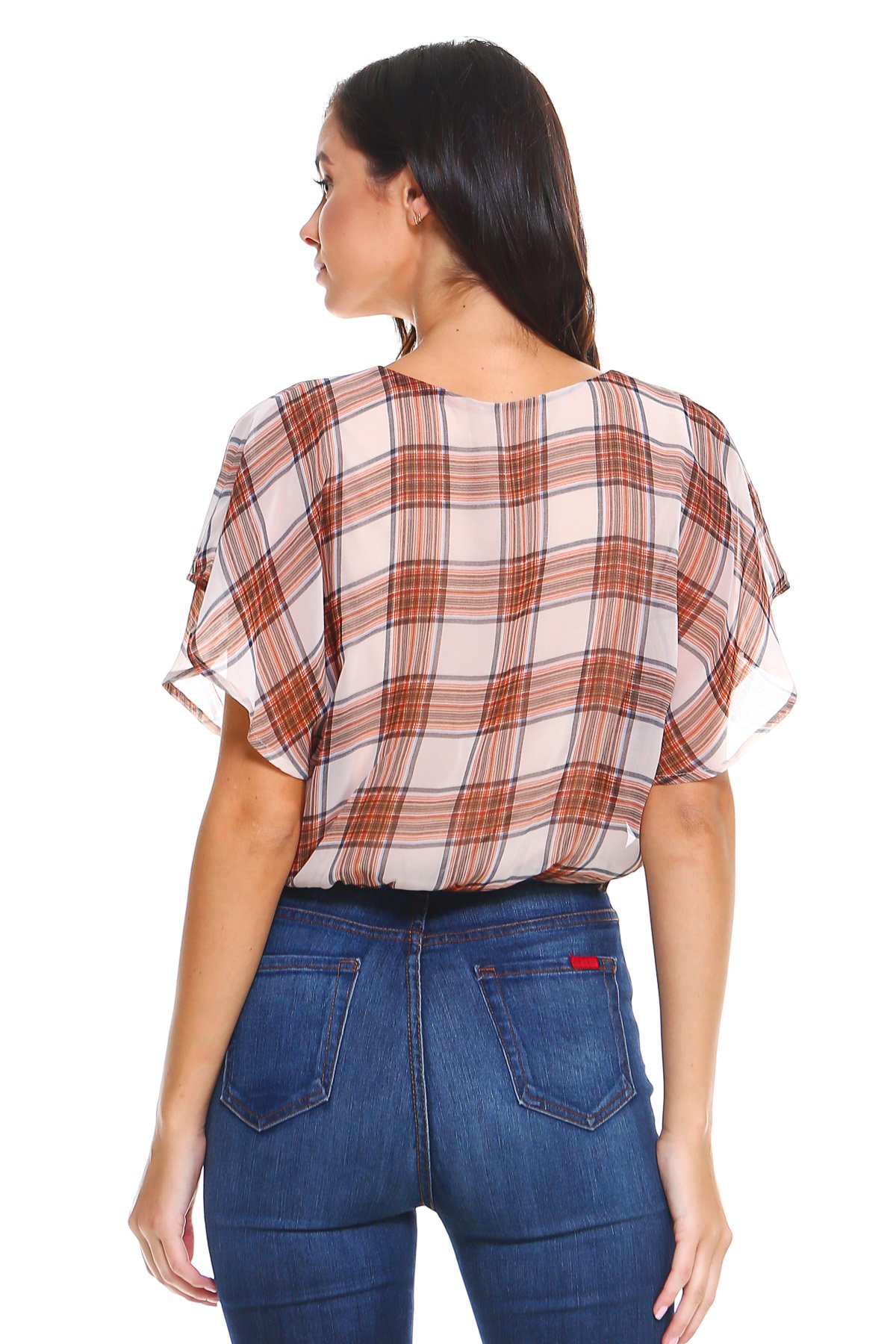 A stylish plaid tie back blouse top made of 100% polyester, featuring a chic design and a comfortable fit, displayed on a model.